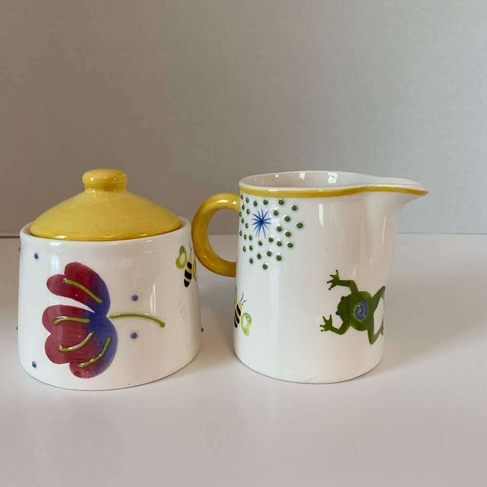 Spring bugs, servingware, cream,&sugar set white with flowers and bugs 3 pieces